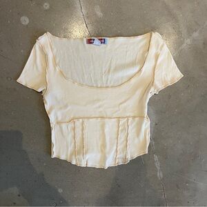 Urban Outfitters Scoop Neck Crop Tee Shirt with Reverse Seams Butter Yellow